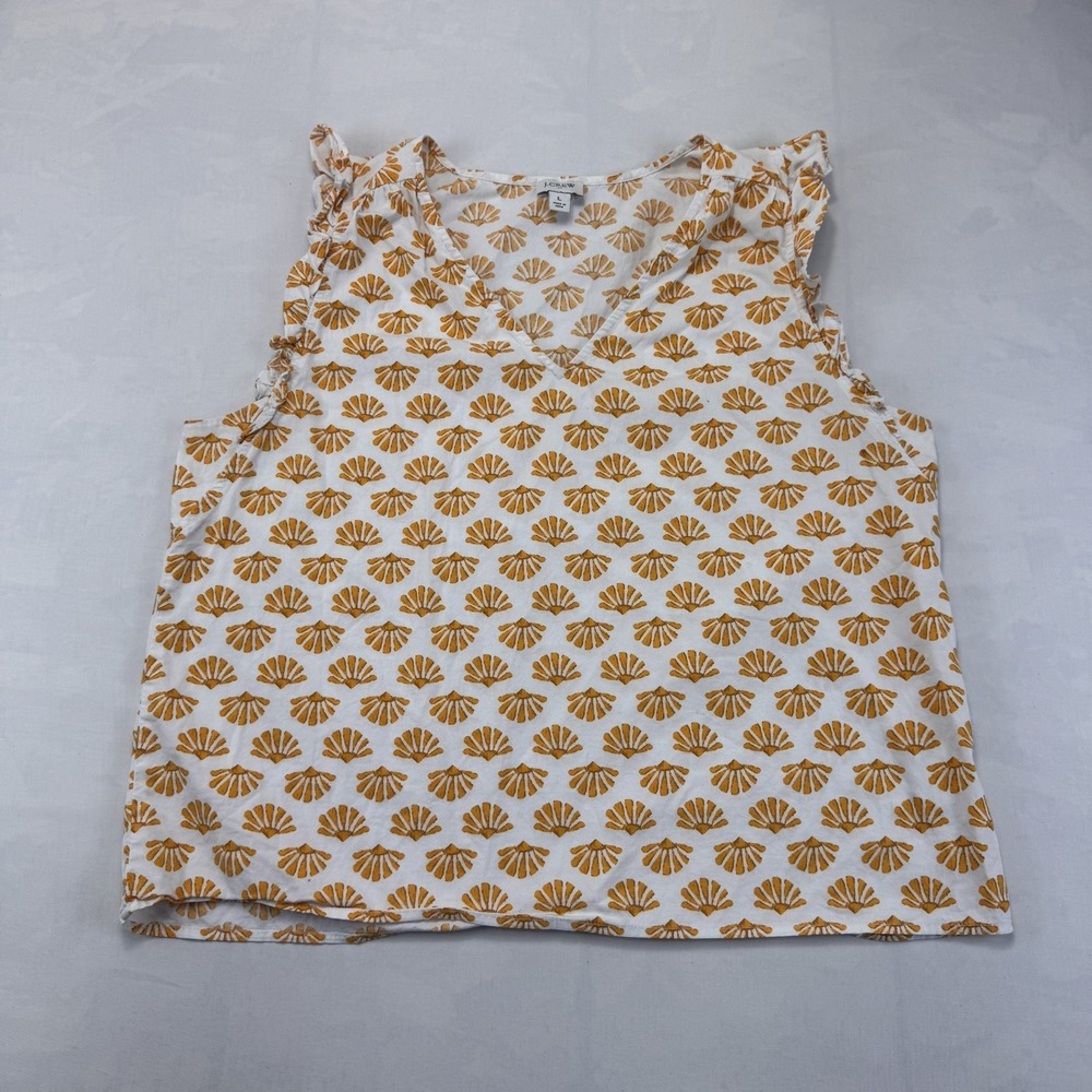 J.Crew Womens L White Orange Cotton Print Ruffle Sleeveless Blouse Top